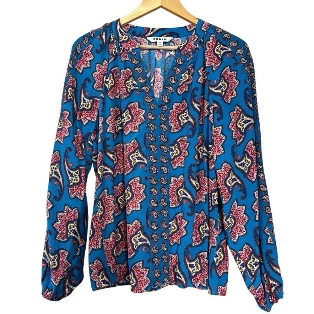 Boden border print raglan top blue, paisley amaryllis size 6 small